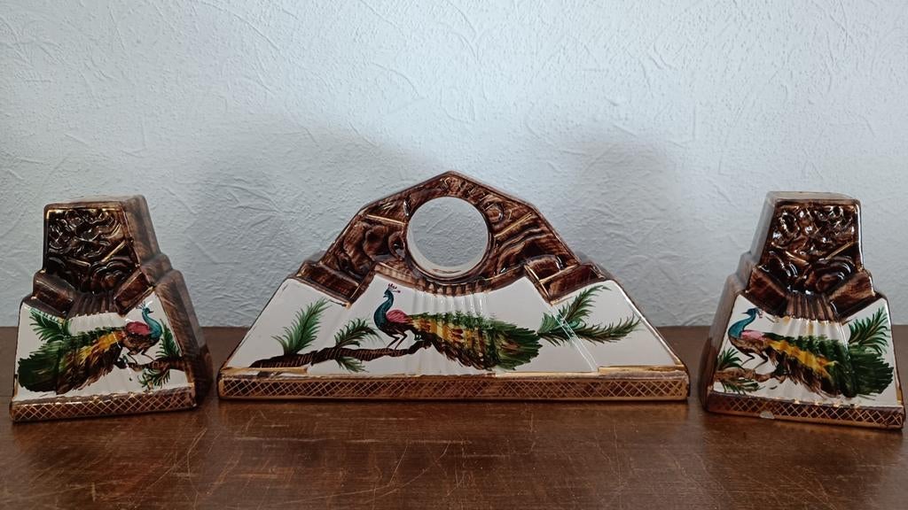 Schouwgarnituur met pauwen Belgium., Antiek en Kunst, Antiek | Keramiek en Aardewerk, Ophalen of Verzenden