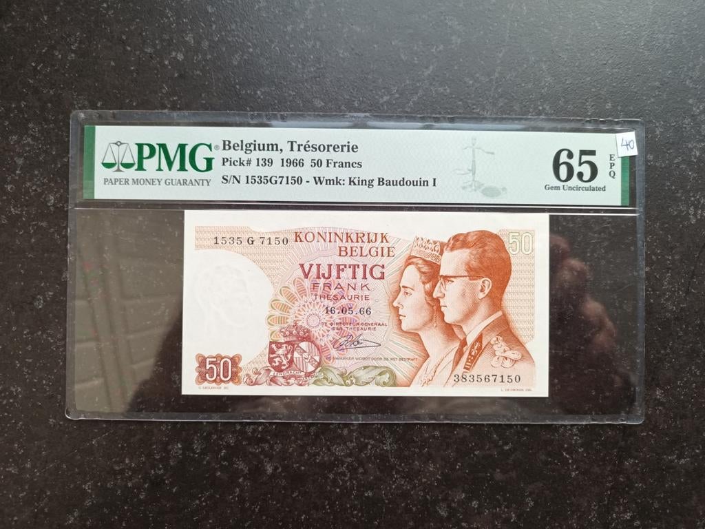Topkwaliteit 50 frank Lauwerijns PMG 65EPQ, Ophalen of Verzenden, Los biljet