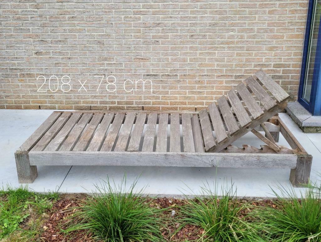 Ligbed teak + ev grijs ligkussen, Tuin en Terras, Ligbedden, Ophalen, Zo goed als nieuw, Teakhout