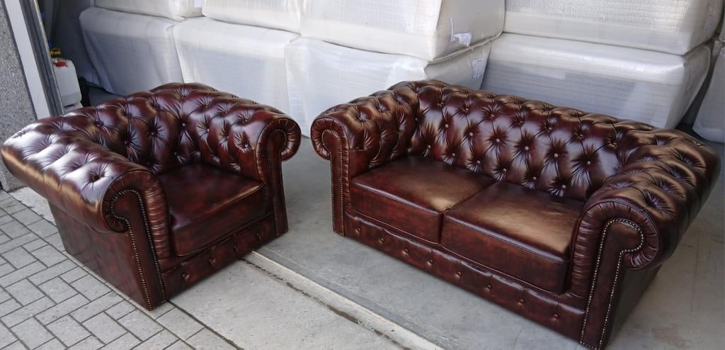 Set Volledig Lederen Chesterfield Zetels, Ophalen of Verzenden, Nieuw, Leer