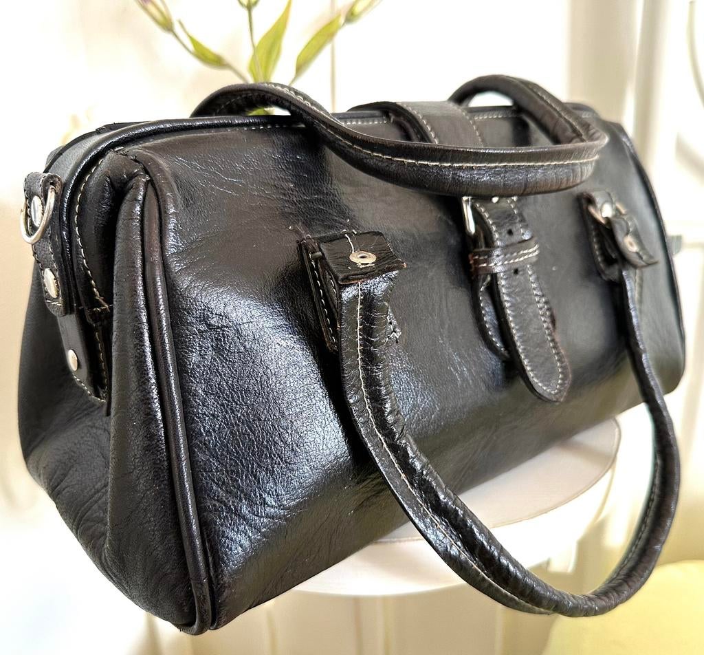 Grand sac de voyage vintage, noir ciré, 35x21 cm,, Utilisé, Noir