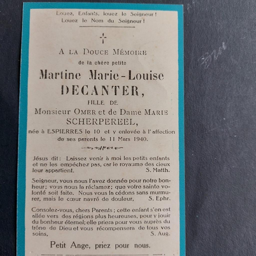 Bidprentje kindje Espierres 1940, Verzamelen, Ophalen of Verzenden, Bidprentje