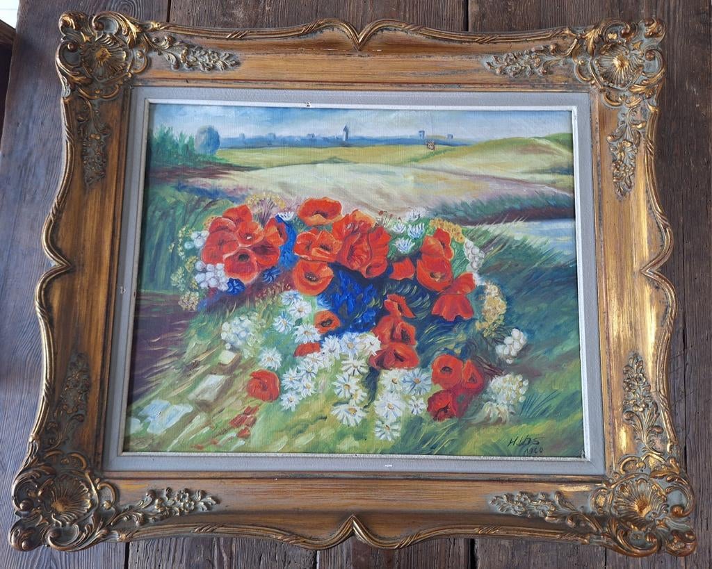antiek schilderij met bloemen, Ophalen of Verzenden
