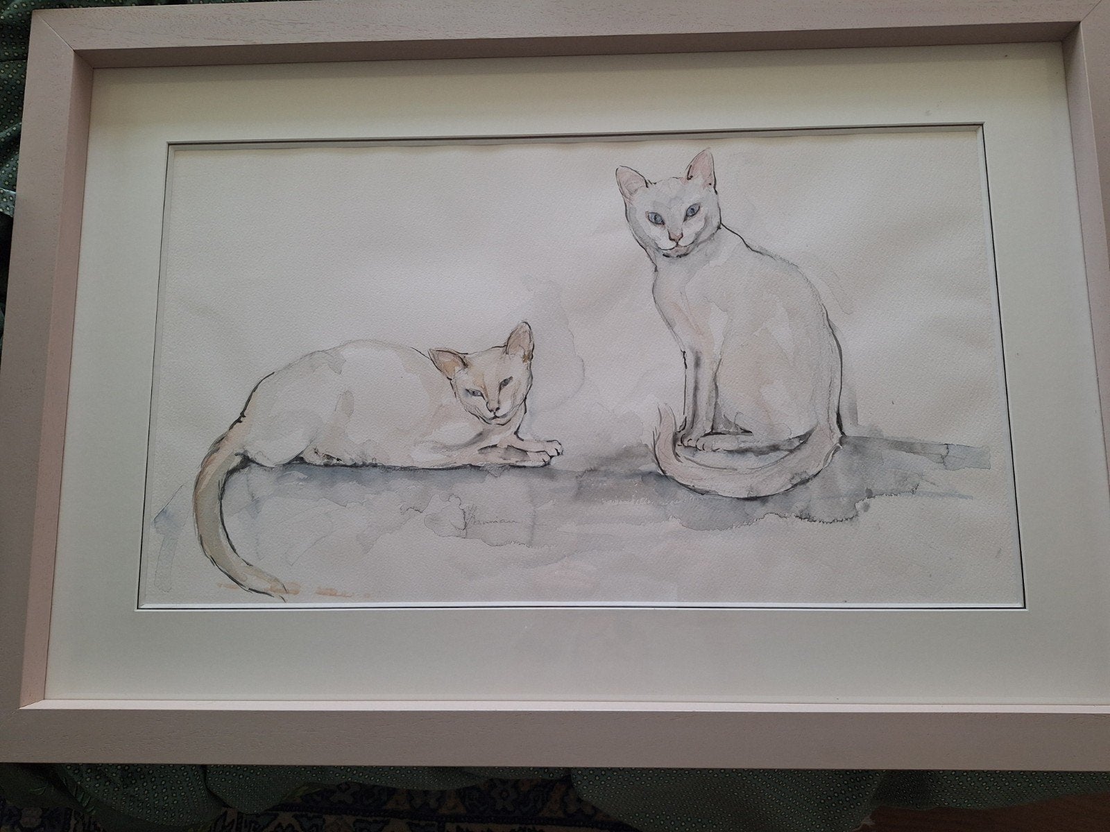 Aquarel kunstwerk van katten in mooie kader, Ophalen, Schilderij, Aquarel, Met passe-partout