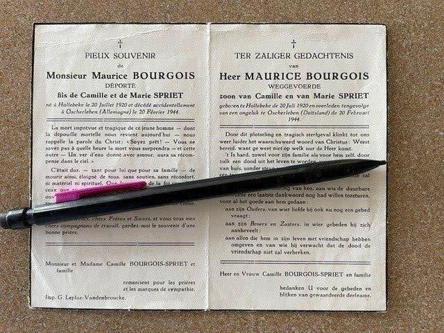 40-45 Weggevoerde Hollebeke Dhr BOURGOIS + Oscherleben 1944, Ophalen of Verzenden, Bidprentje