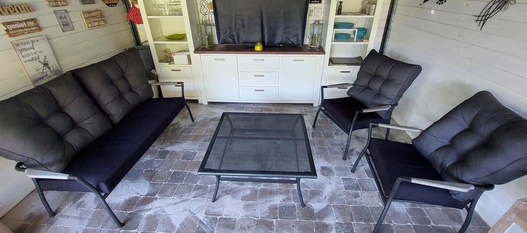 Tuinset gietijzer look met hout, Ophalen, Tuinset