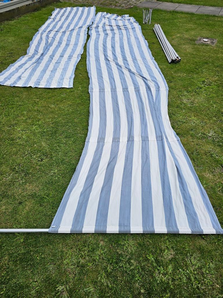 2 x Dralon windscherm  + alu stokken + bovenspanners, Caravanes & Camping, Accessoires de camping, Enlèvement