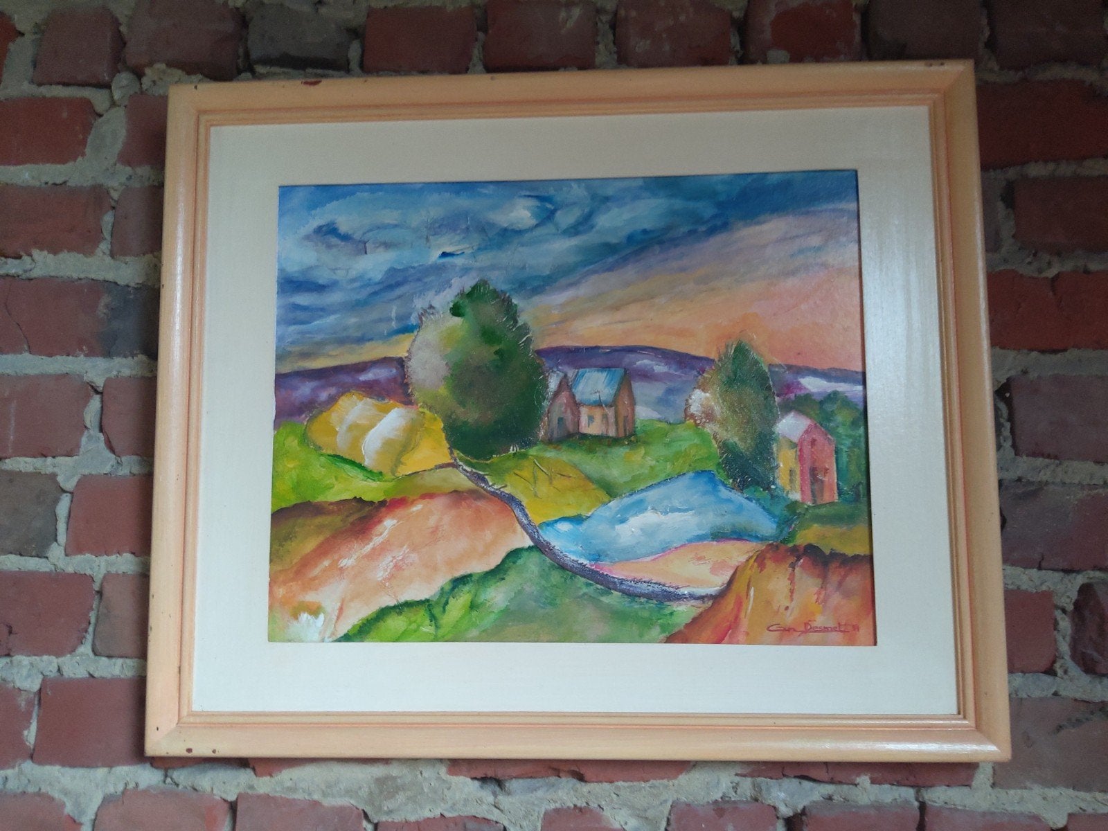 Origineel schilderij. Ingelijst 66 x 55 cm., Enlèvement ou Envoi, Signé, Peinture acrylique, Paysage