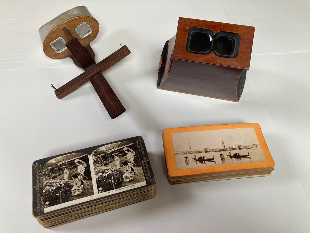 Twee oude stereoscopen (1900-1930) plus verzameling platen, Ophalen of Verzenden, Gebruikt