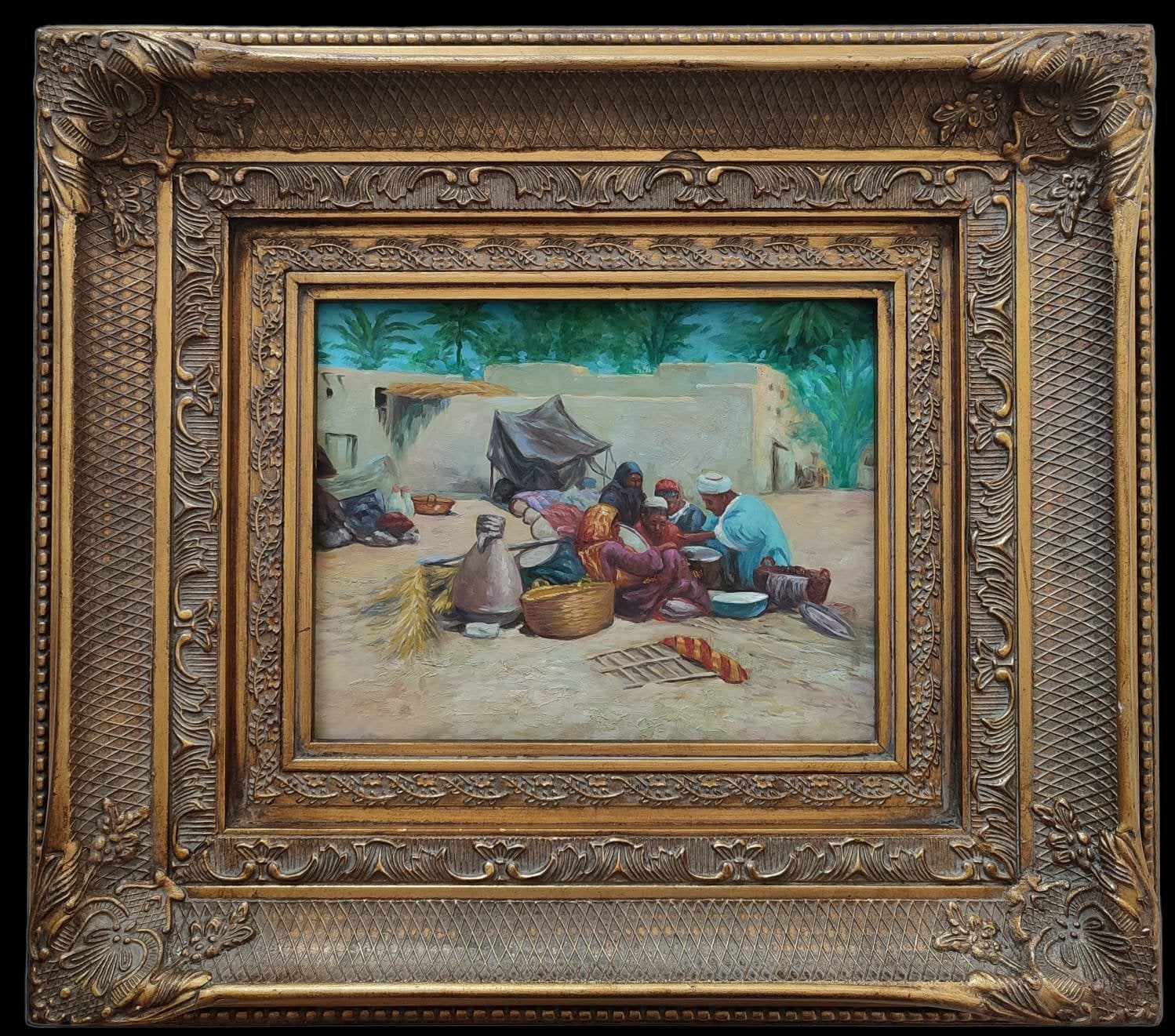 Tableau Orientaliste Ancien-Huile sur Panneau-Cadre Sculpté, Antiquités & Art, Art | Peinture | Classique, Enlèvement ou Envoi