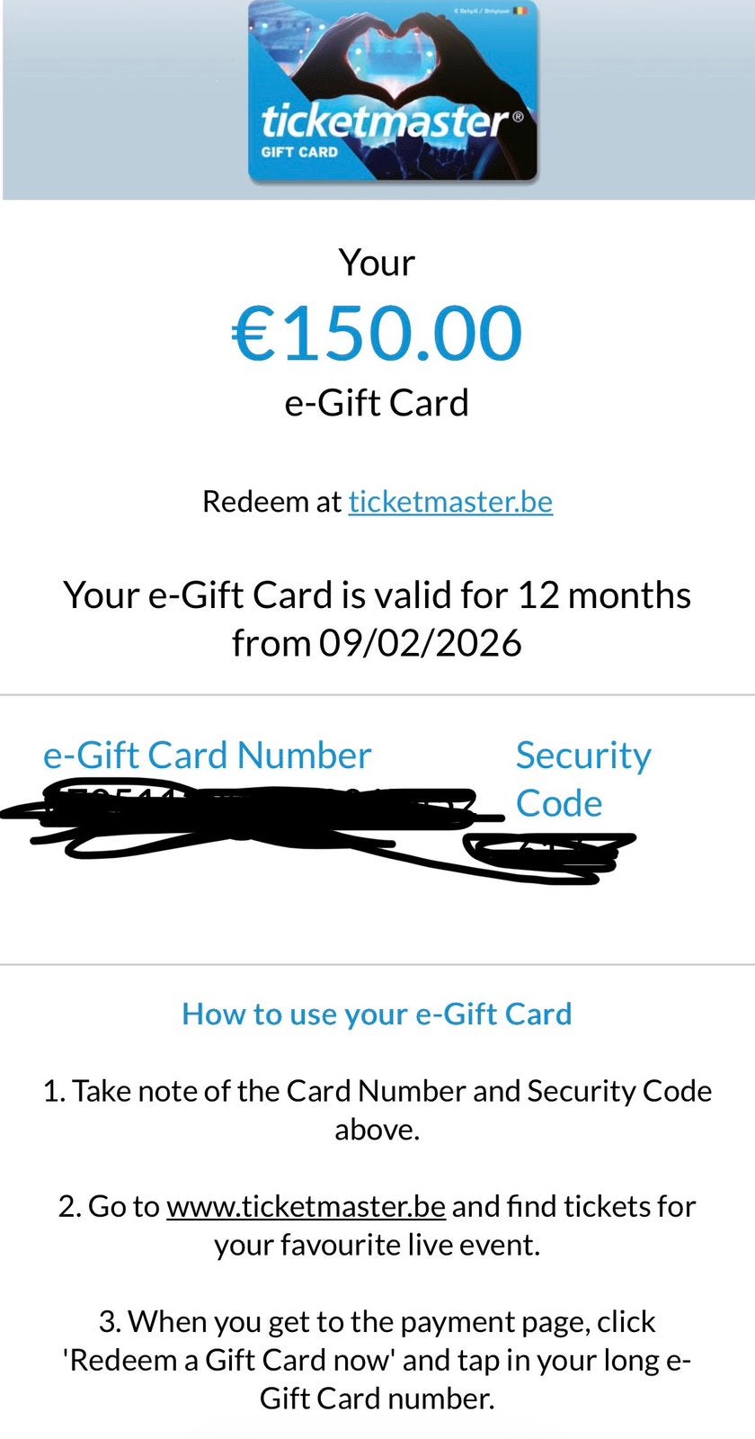 Ticketmaster - Carte-cadeau de 150€., Tickets & Billets, Trois personnes ou plus, Bon cadeau, Autres types