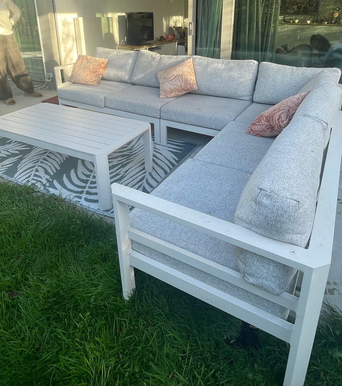 Tuin salon - loungeset wit aluminium + lichtgrijze kussens, Tuin en Terras, Ophalen, Gebruikt, 6 zitplaatsen, Bank