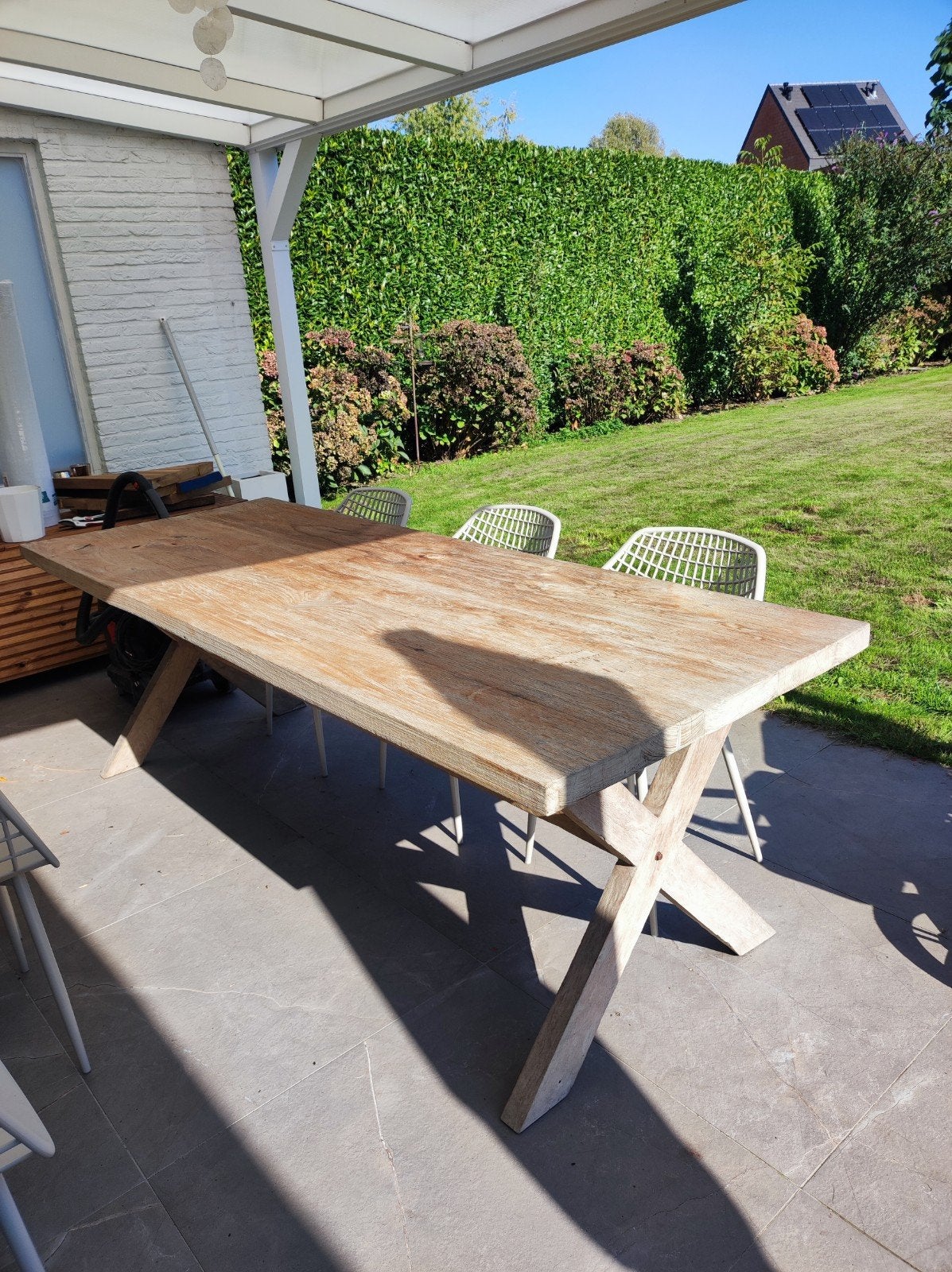Grote robuuste massief houten eettafel landelijke s, Jardin & Terrasse, Enlèvement, Utilisé, Rectangulaire, Bois