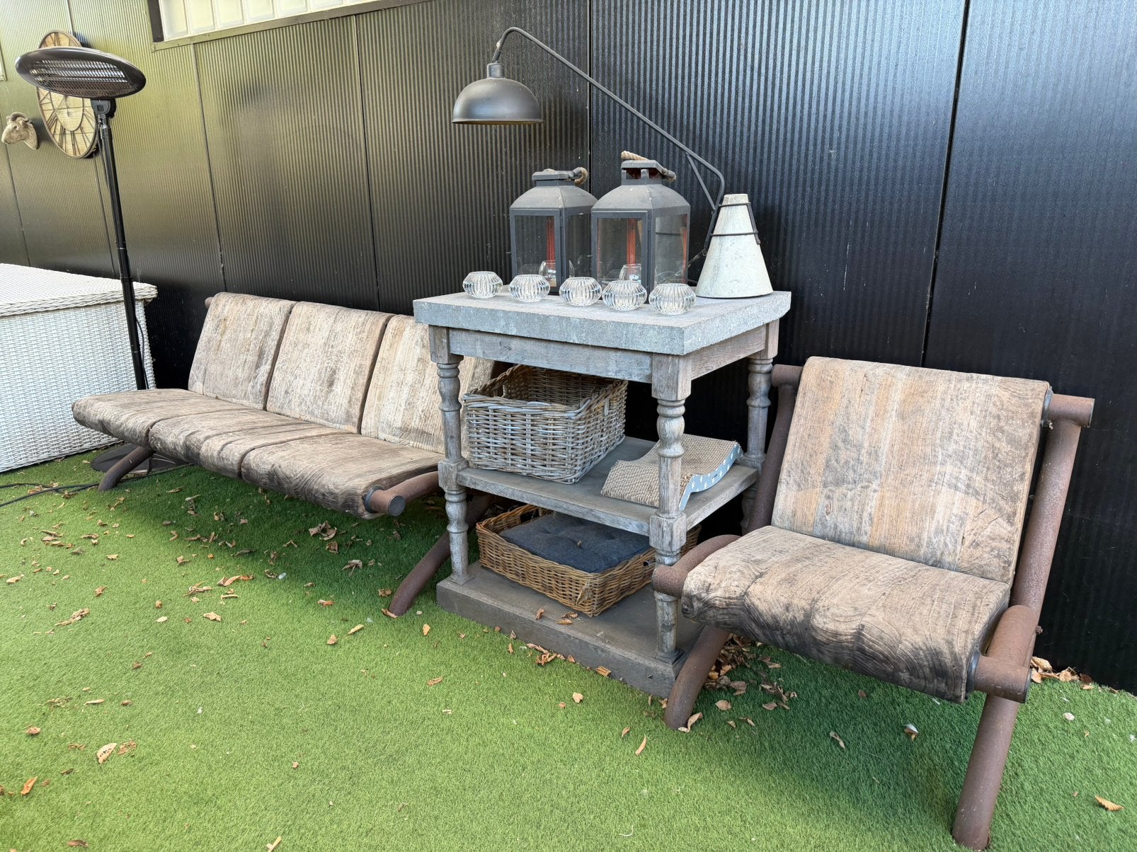 3 zits houten bank met metaal+ 1 zit, Tuin en Terras, Ophalen, Gebruikt