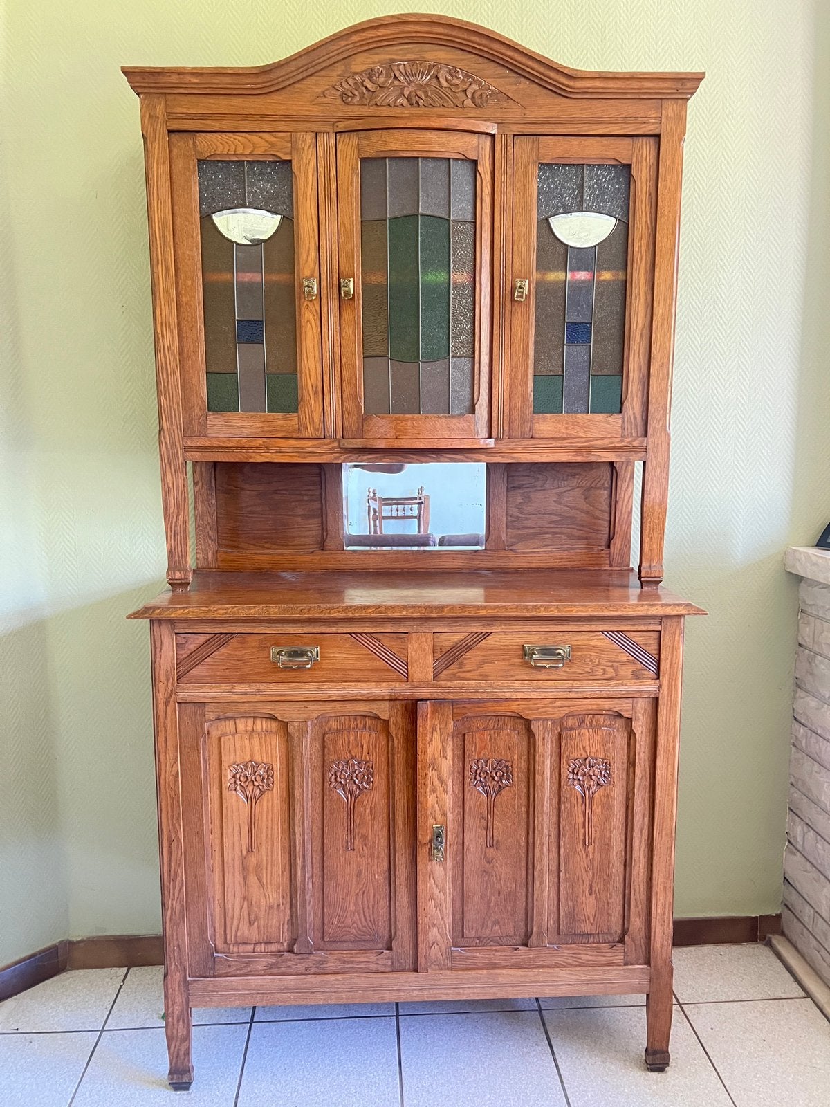 Buffet vaisselier Art Nouveau – Vitraux – Meuble ancien, Enlèvement, Comme neuf, Chêne
