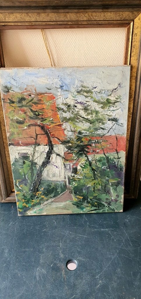 Armand Jamar « ferme » huile sur toile 1965, Antiquités & Art, Textile, Peinture à l'huile, Signé, Enlèvement