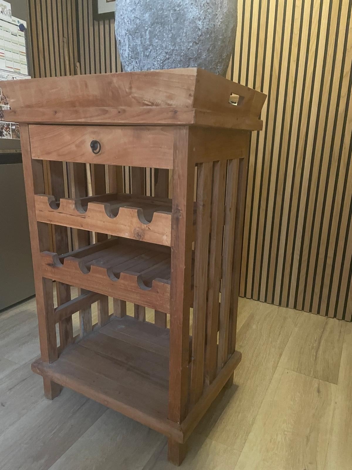 teak wijnrekje met opberglade en afneembaar dienblad/plateau, Comme neuf, Enlèvement, 15 à 25 bouteilles, 75 – 100