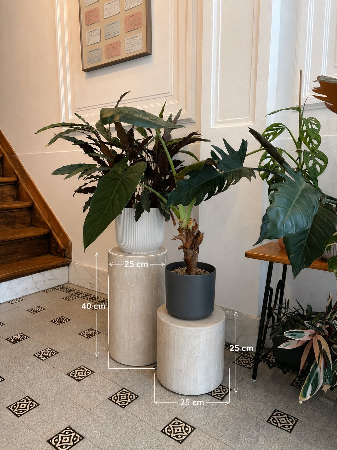 Set van 2 mortex bijzettafels, plant/display stands, Huis en Inrichting, Tafels | Bijzettafels, Minder dan 55 cm, Rond, Ophalen of Verzenden