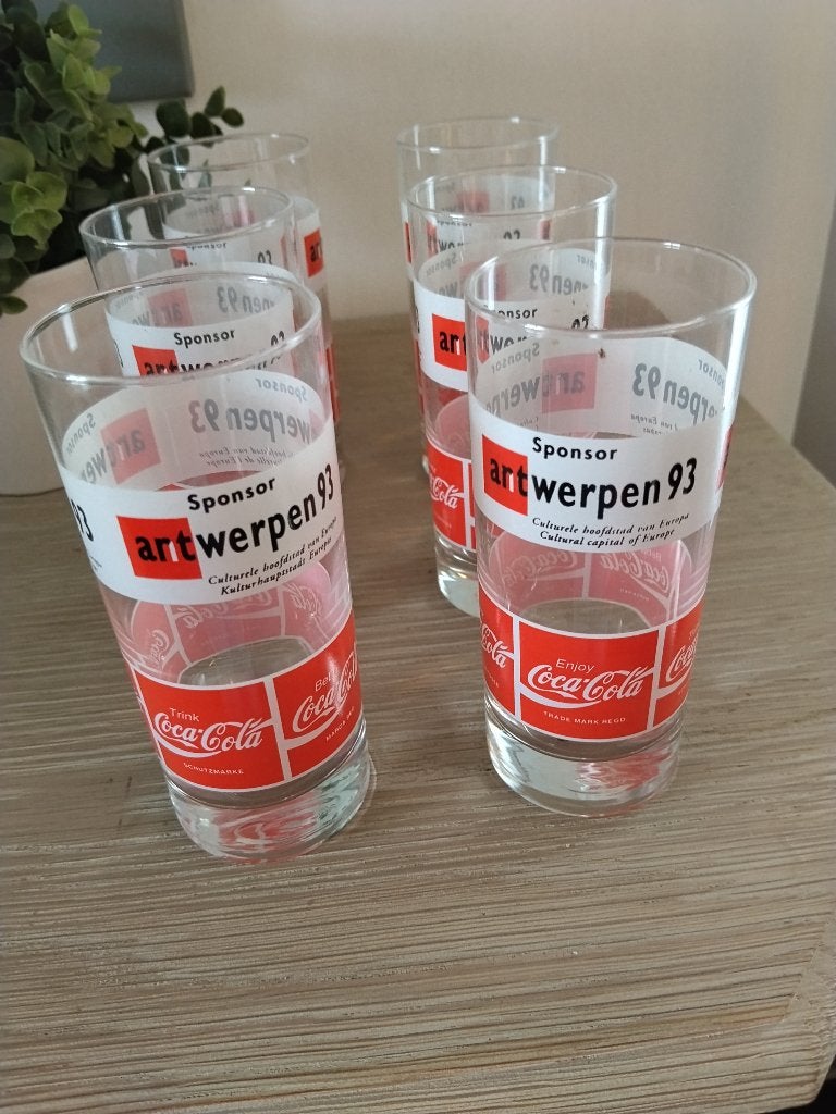 6 vintage coca cola glazen Antwerpen ' 93, Ophalen of Verzenden, Nieuw