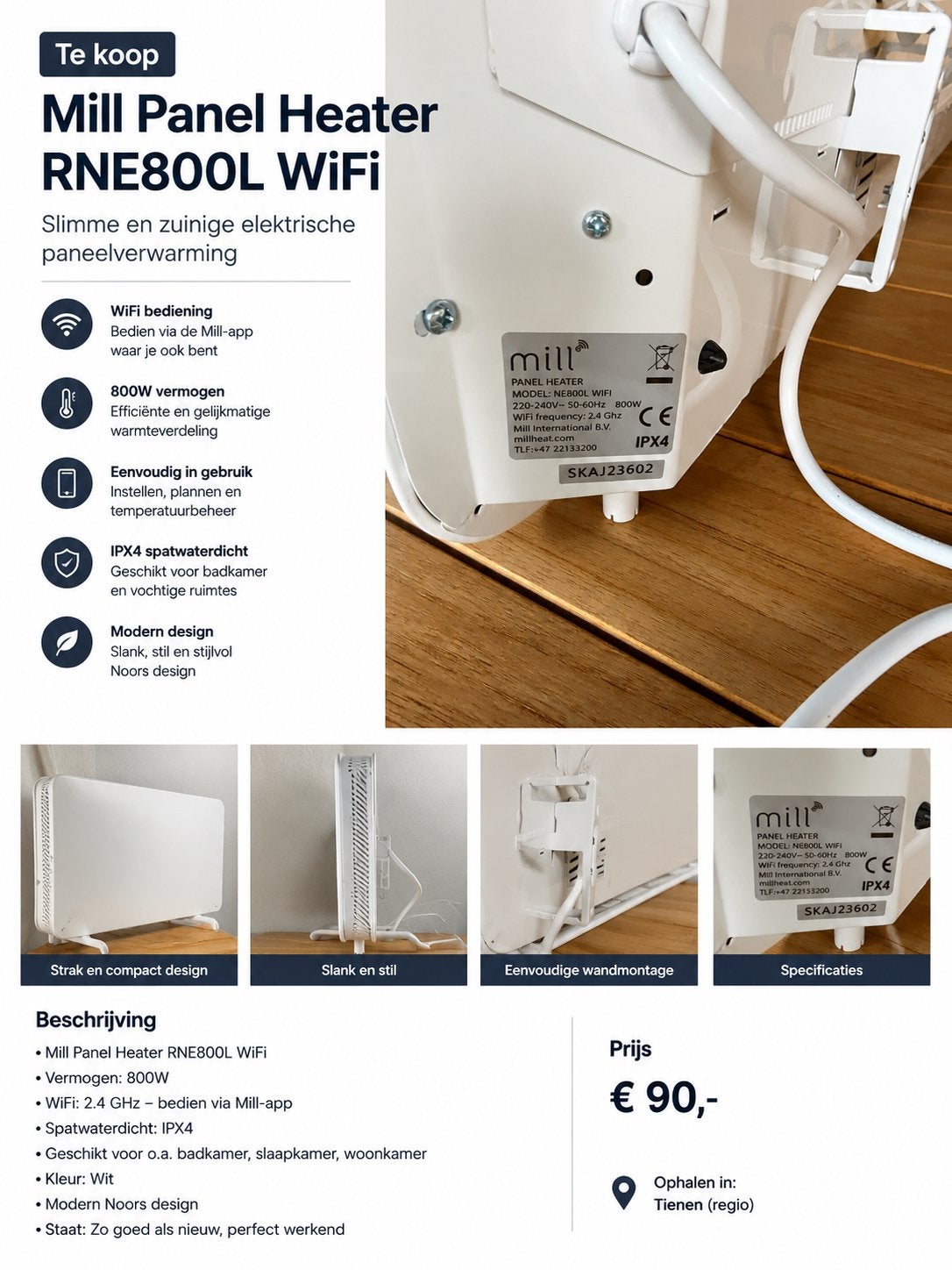 Mill Panel Heater WiFi 800W – Zo goed als nieuw, Doe-het-zelf en Bouw, Ophalen, 30 tot 80 cm, Hoog rendement (Hr), Radiator