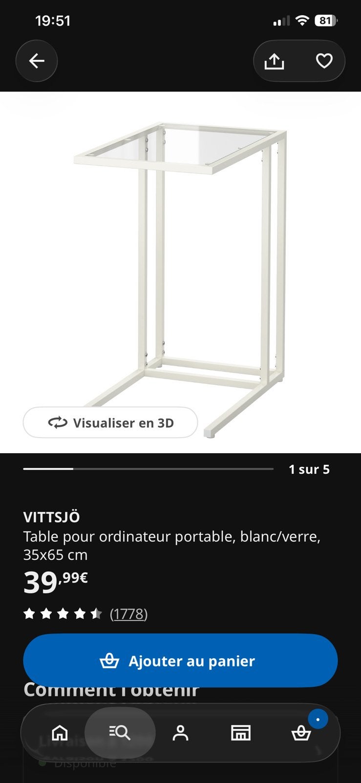 DOIT PARTIR Table metal et verre Vittsjo Ikea noir, Enlèvement, Utilisé