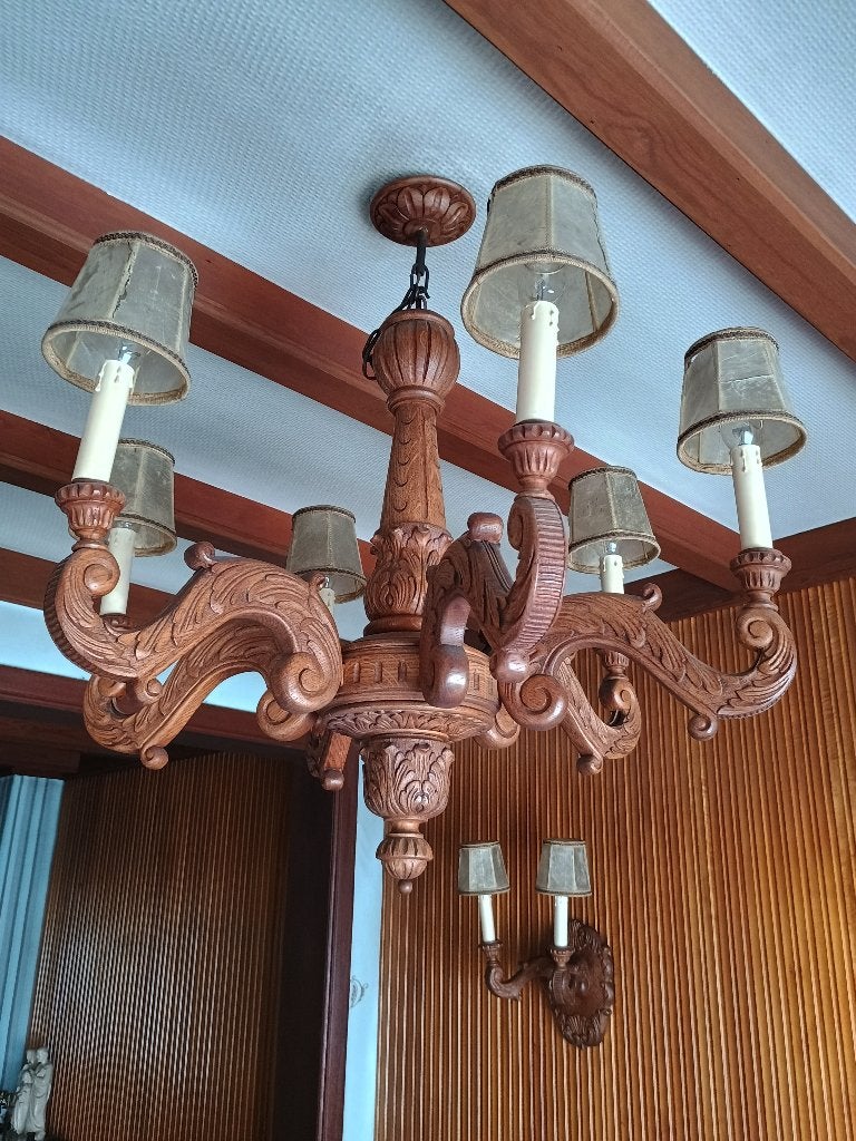 Gesneden houten kroonluster+ 2 wandlampen, Huis en Inrichting, Ophalen, Zo goed als nieuw, Hout