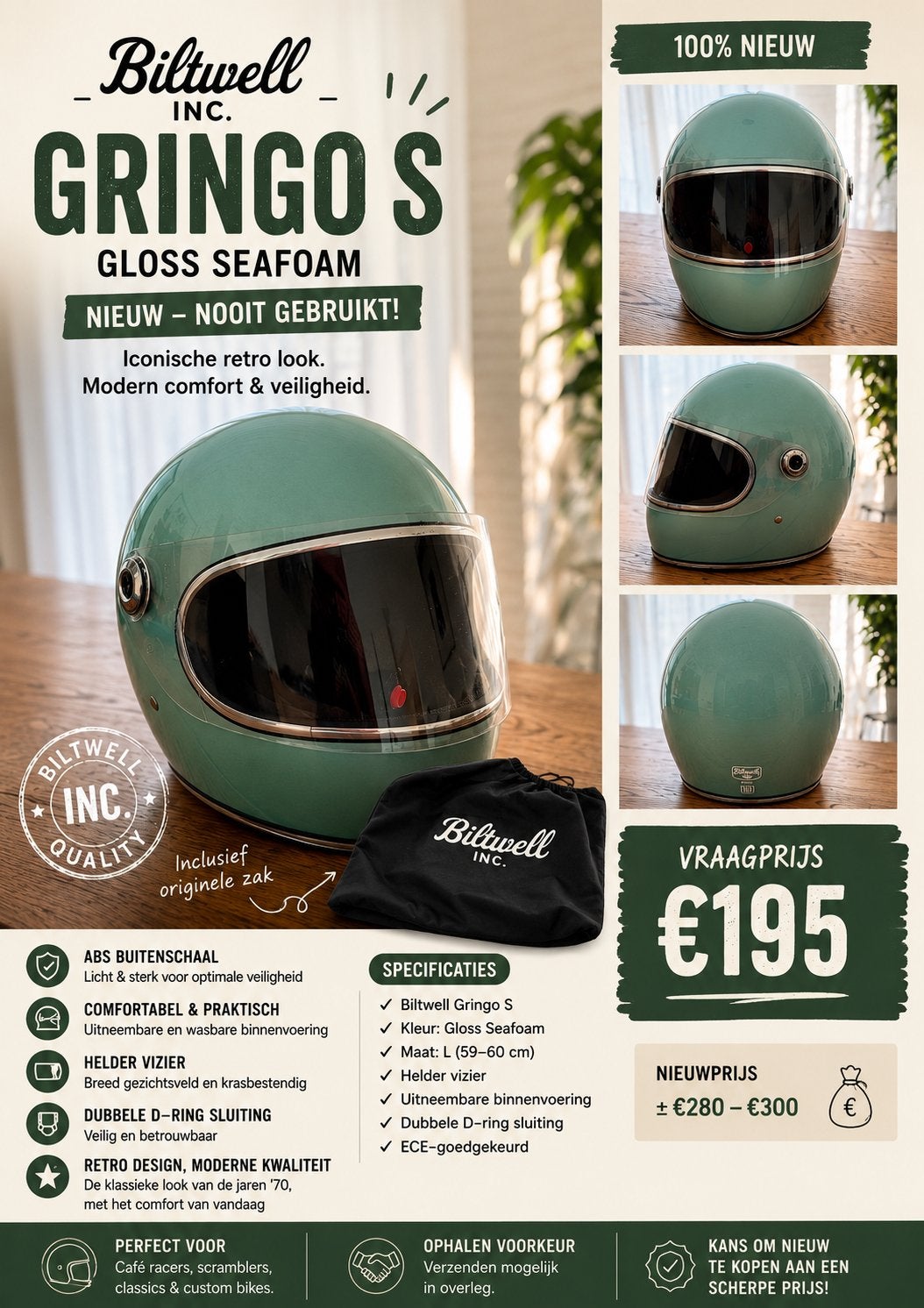 Biltwell Gringo S Gloss Seafoam maat L – NIEUW – €195, Motos, Autres marques, Femmes, Enlèvement ou Envoi, Casque intégral