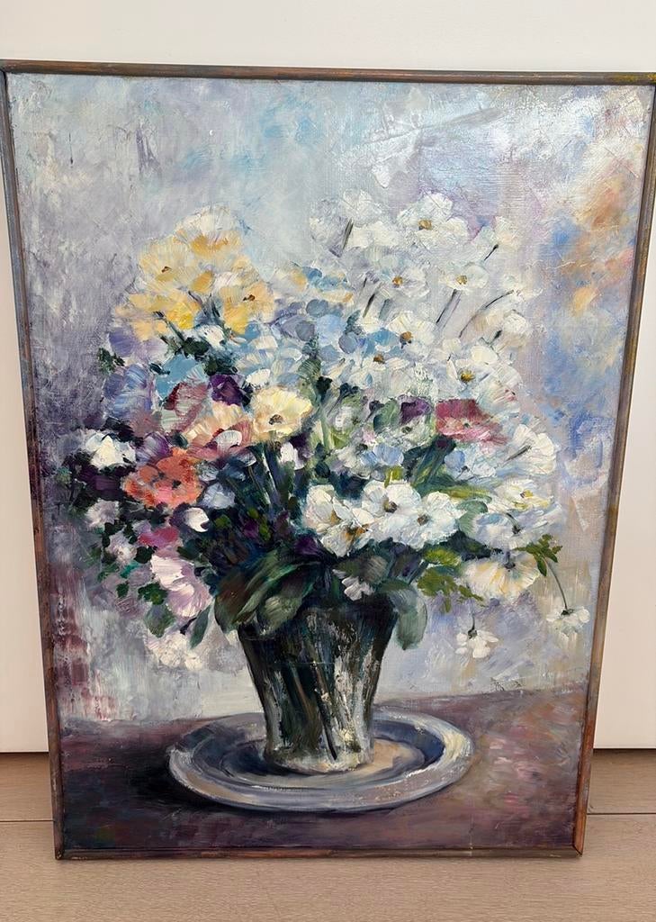 Romantisch bloemen schilderij, Antiek en Kunst, Kunst | Schilderijen | Klassiek, Ophalen of Verzenden