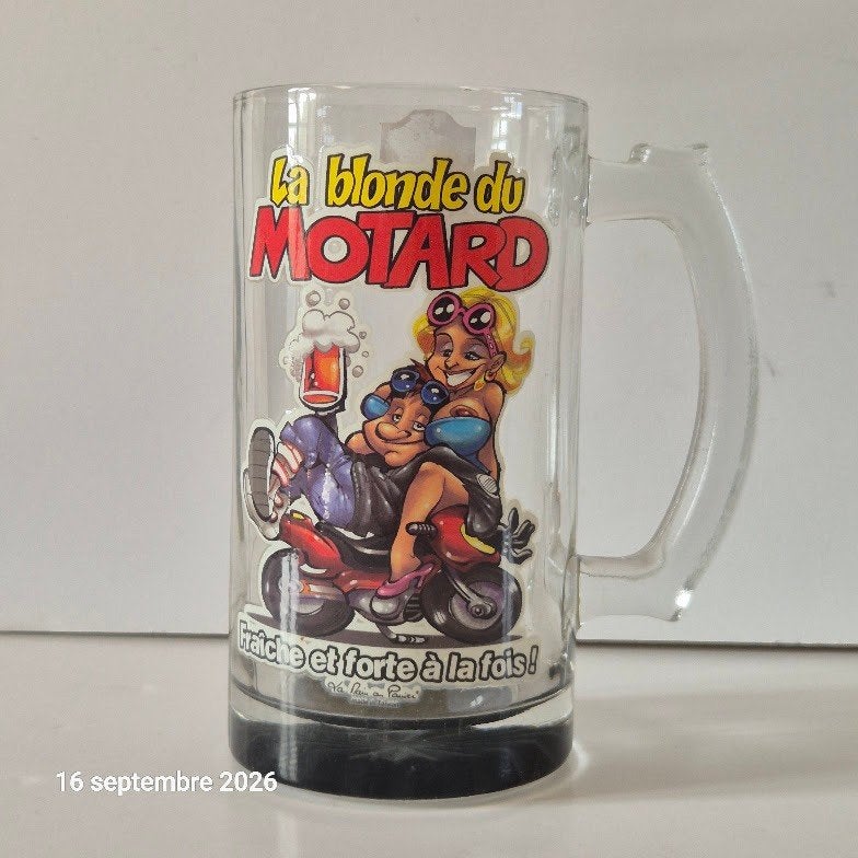 Chope à bière en verre avec humour, La blonde du MOTARD, Envoi, Neuf, Verre à bière