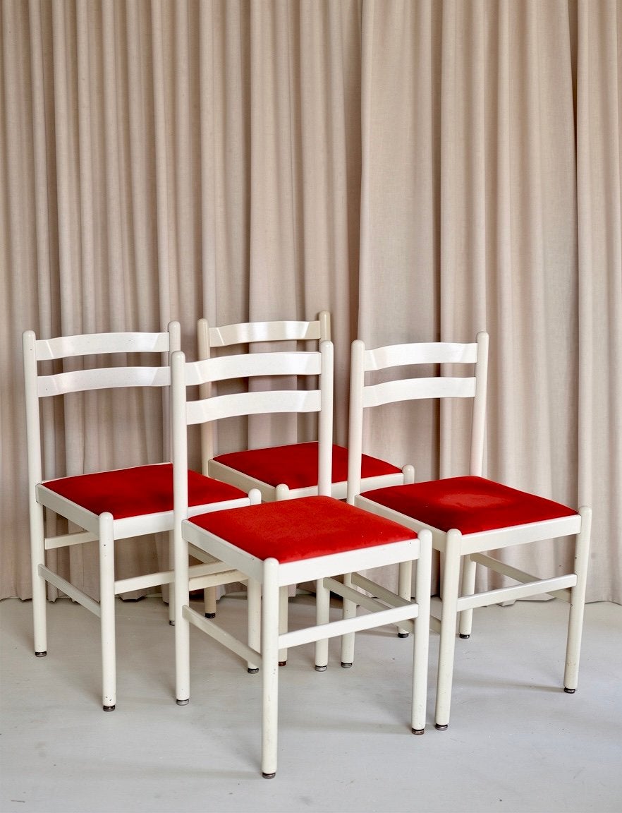 4 chaises vintage bois laqué blanc, velours orange/corail, White, White, Comme neuf, Enlèvement