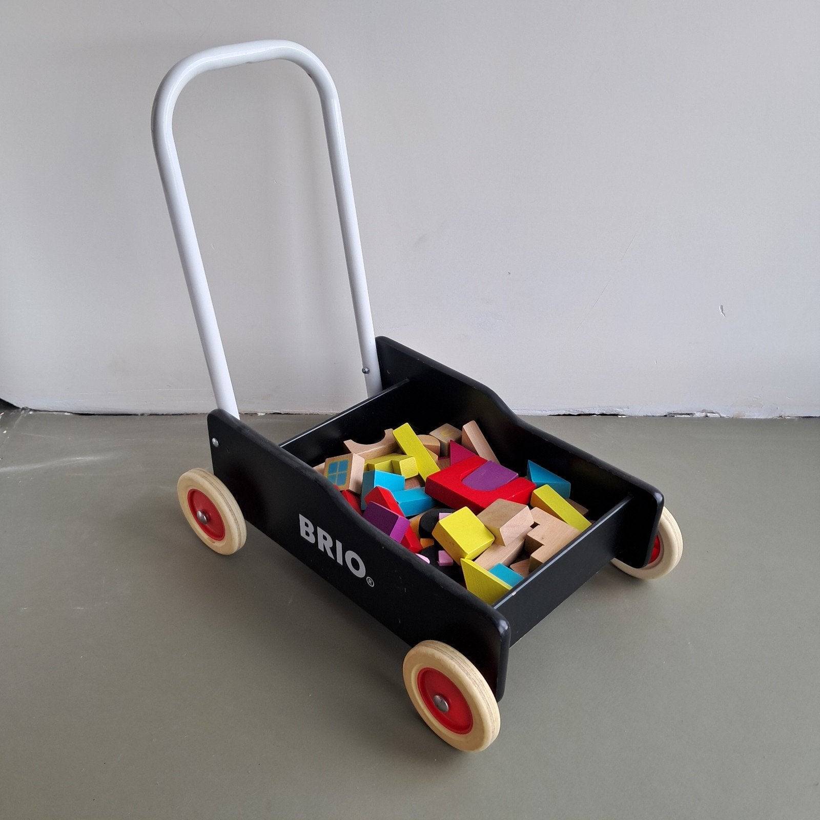 Loopwagen in hout met blokken, Ophalen, Zo goed als nieuw