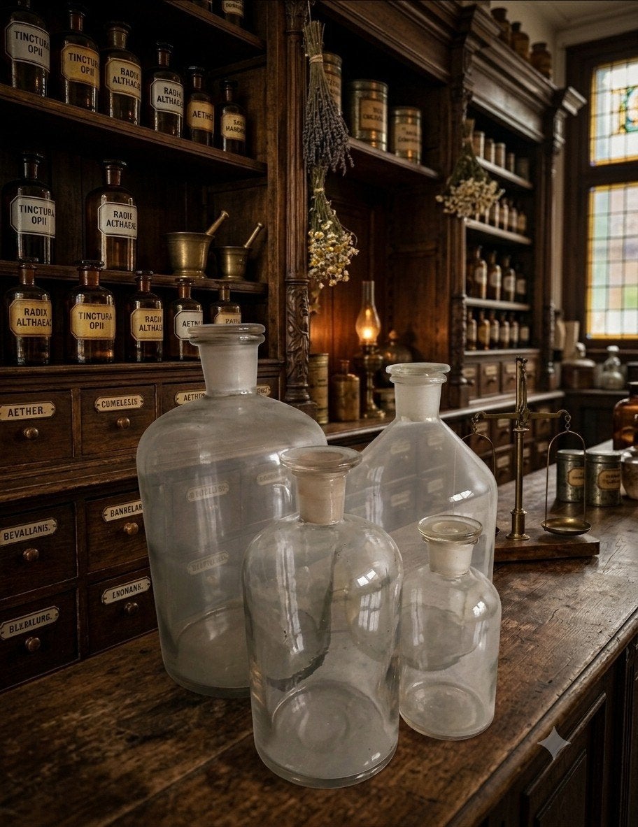 Vier antieke apotheekflessen met stop., Huis en Inrichting, Woonaccessoires | Stolpen, Ophalen, Mondgeblazen