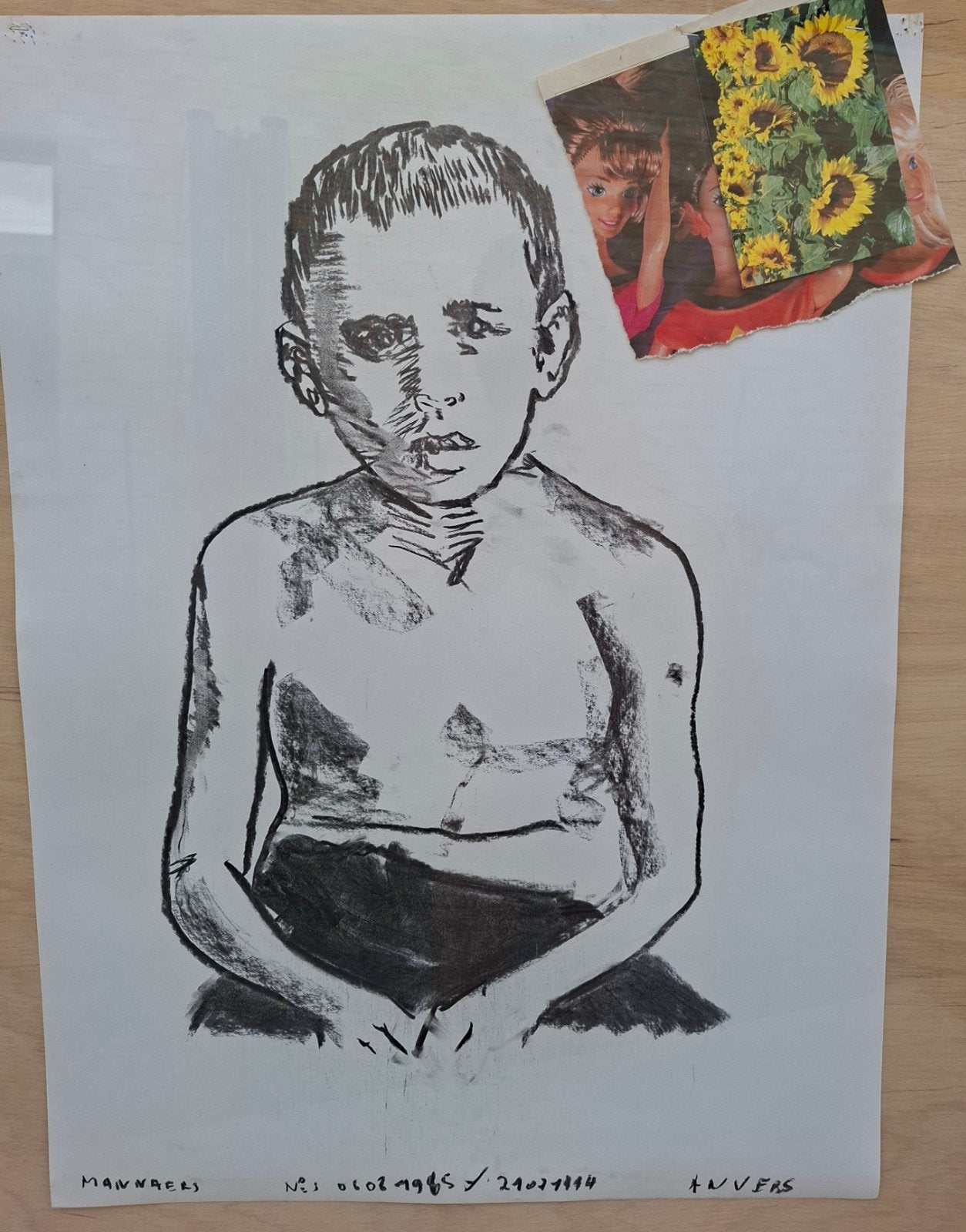 MANAERS Werner "Zonder titel" houtskool en collage, Antiek en Kunst, Ophalen, Houtskooltekening