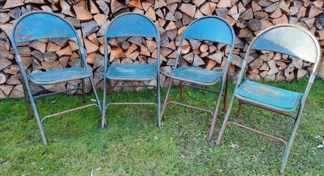 4 Industriële vintage metalen tuin klapstoelen, Tuin en Terras, Ophalen