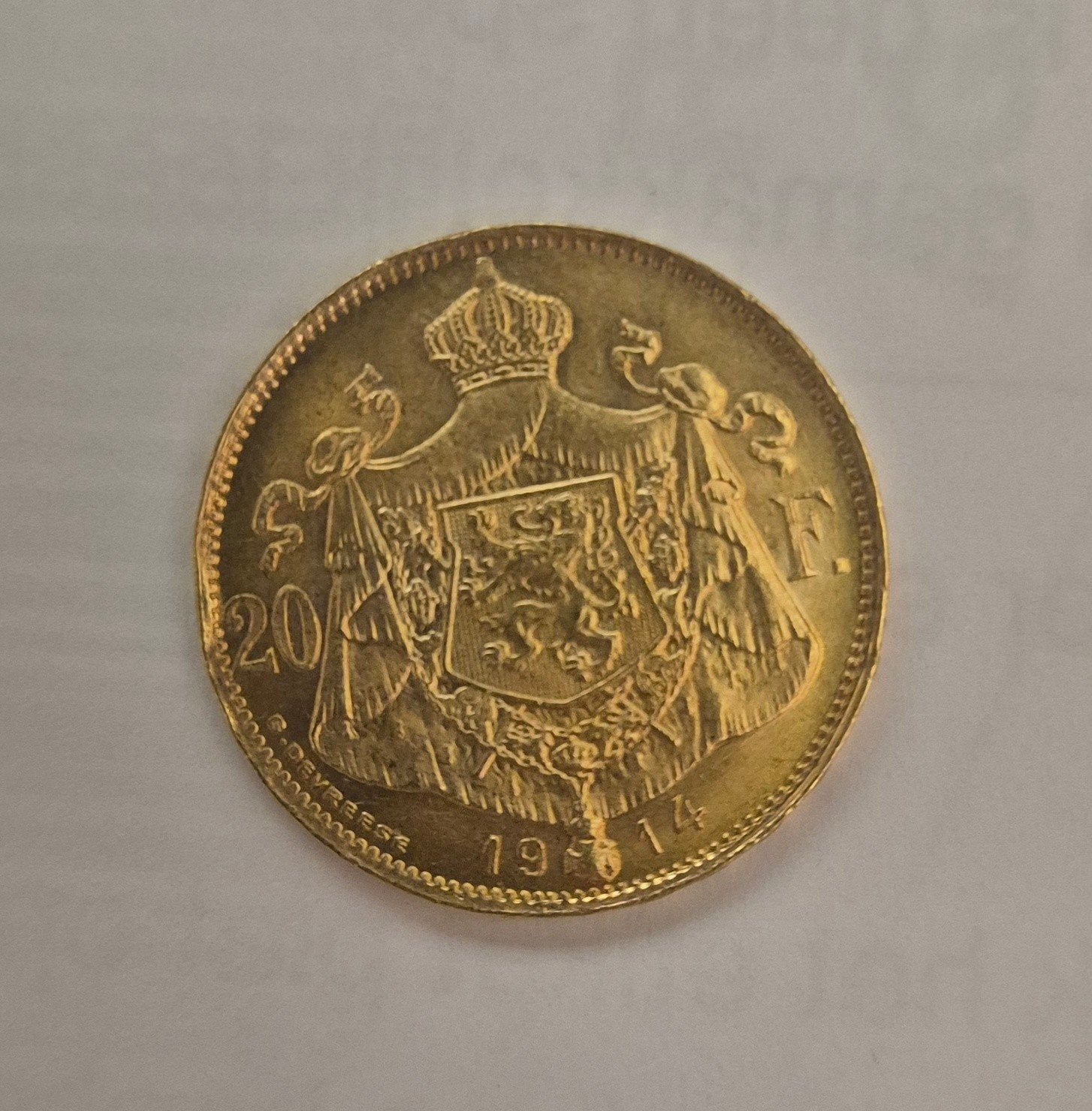 20 Francs Albert Ier d'or 1914 — Belgique, Enlèvement, Belgique, Or