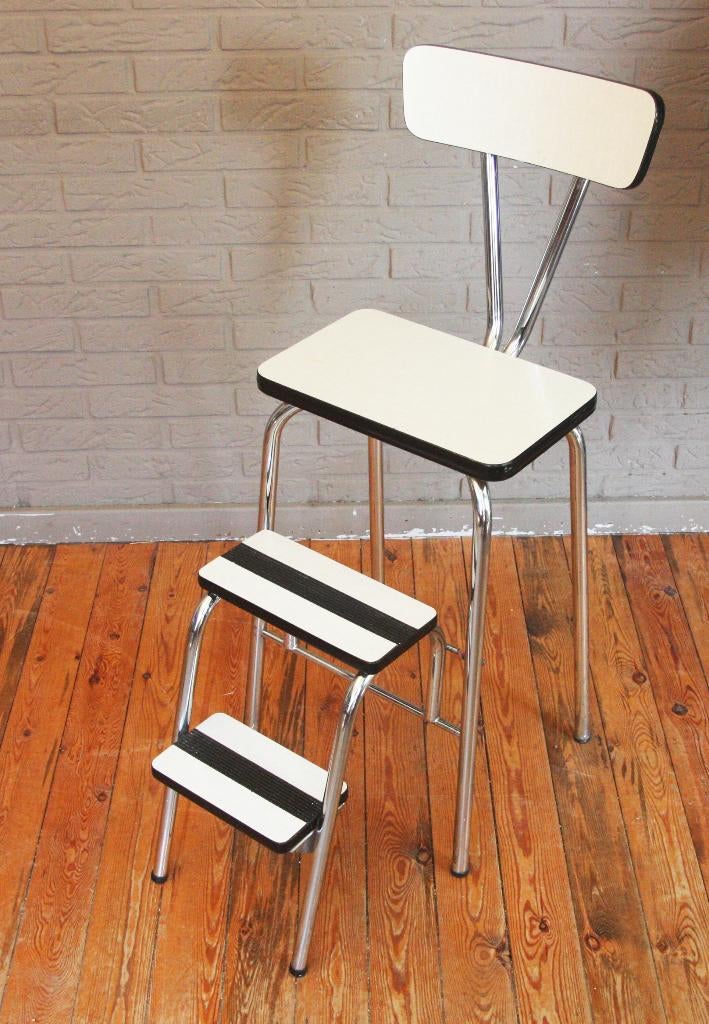 Vintage Formica Keukentrapje / Hoge Stoel / Inklapbaar / 60s, Doe-het-zelf en Bouw, Ladders en Trappen, Ophalen of Verzenden, Zo goed als nieuw