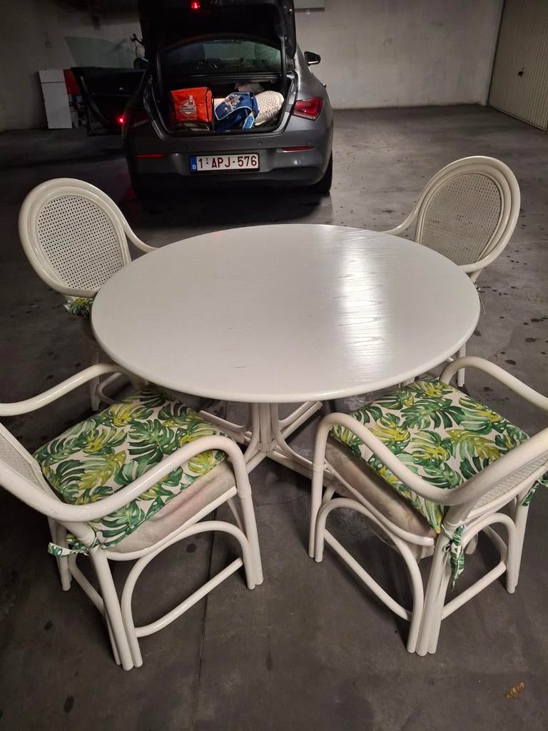 Rotan eettafel + 4 rotan  stoelen, Ophalen, Rotan, Eettafel
