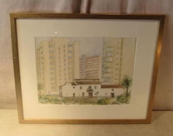Mooi Geschilderd Aquarel 'Villa tussen Torens' - gesigneerd, Ophalen of Verzenden, Origineel werk, Aquarel, Stads- / dorpsgezicht
