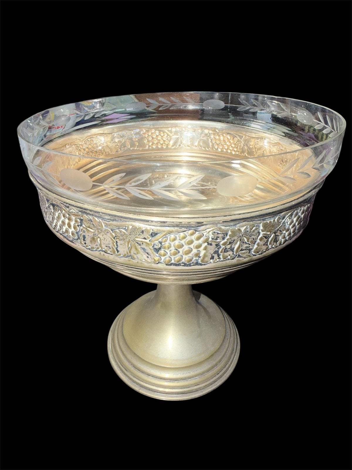 Centre de table vintage / en verre gravé et métal, Enlèvement, Argent
