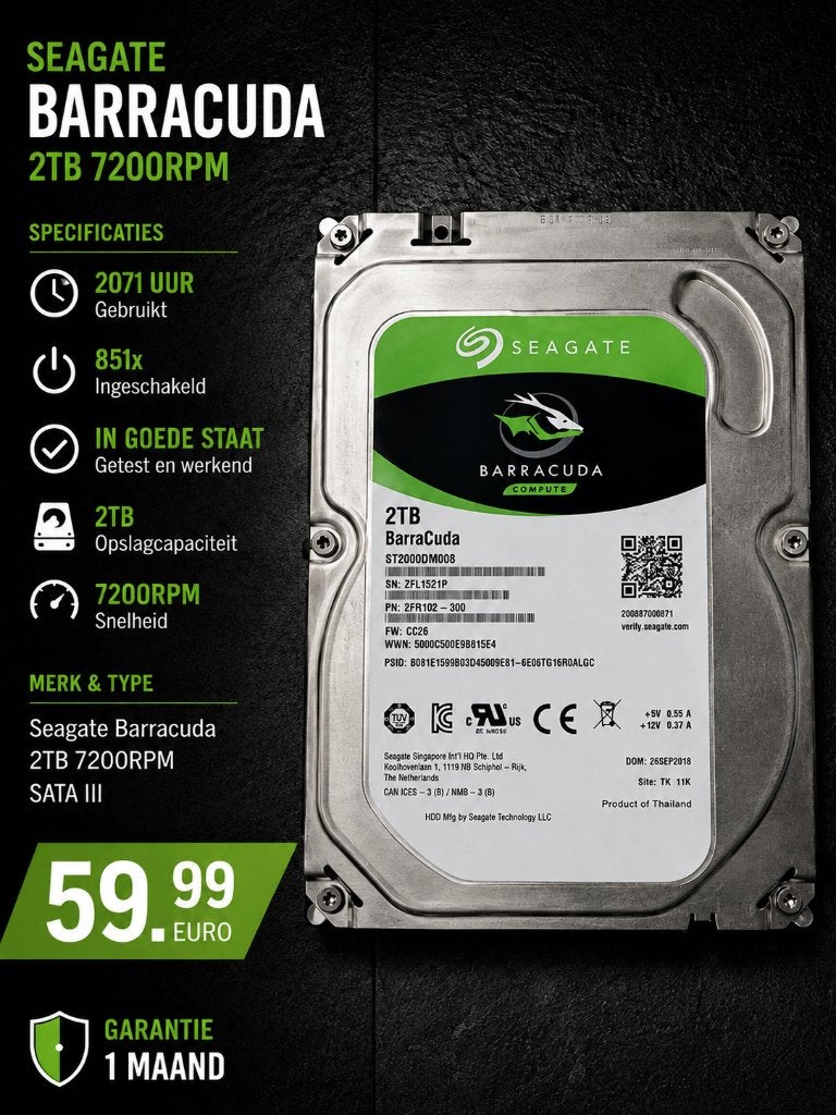Seagate BarraCuda 2TB HDD 7200RPM SATA | Getest + Garantie✅, Intern, 2TB, Gebruikt, Ophalen of Verzenden