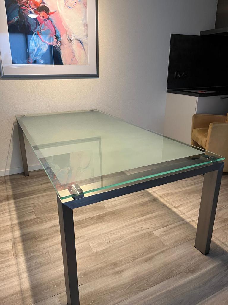 Glazen eettafel 200x100 cm met metalen onderstel, Ophalen, Zo goed als nieuw