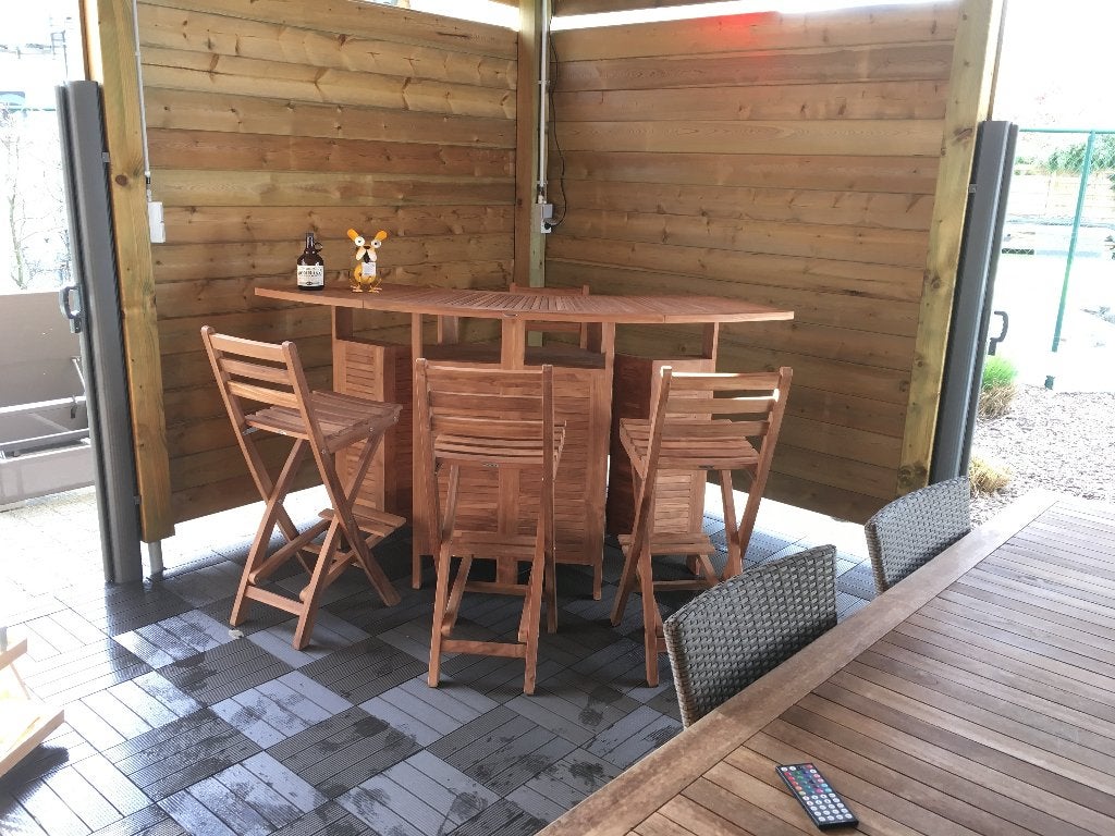 Barmeubel Teak + 4 teaken barstoelen, Tuin en Terras, Ophalen, Gebruikt