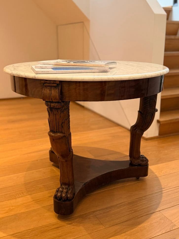 Empire marmeren voetstuktafel, leeuwenpootjes Ø90 cm, Antiek en Kunst, Ophalen