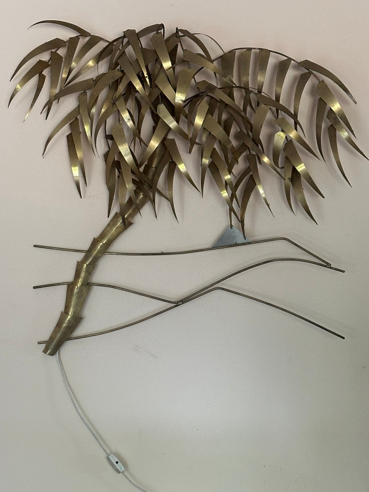 vintage palmboom wandsculptuur met verlichting, Ophalen, Metaal, Wandsculptuur, Geel