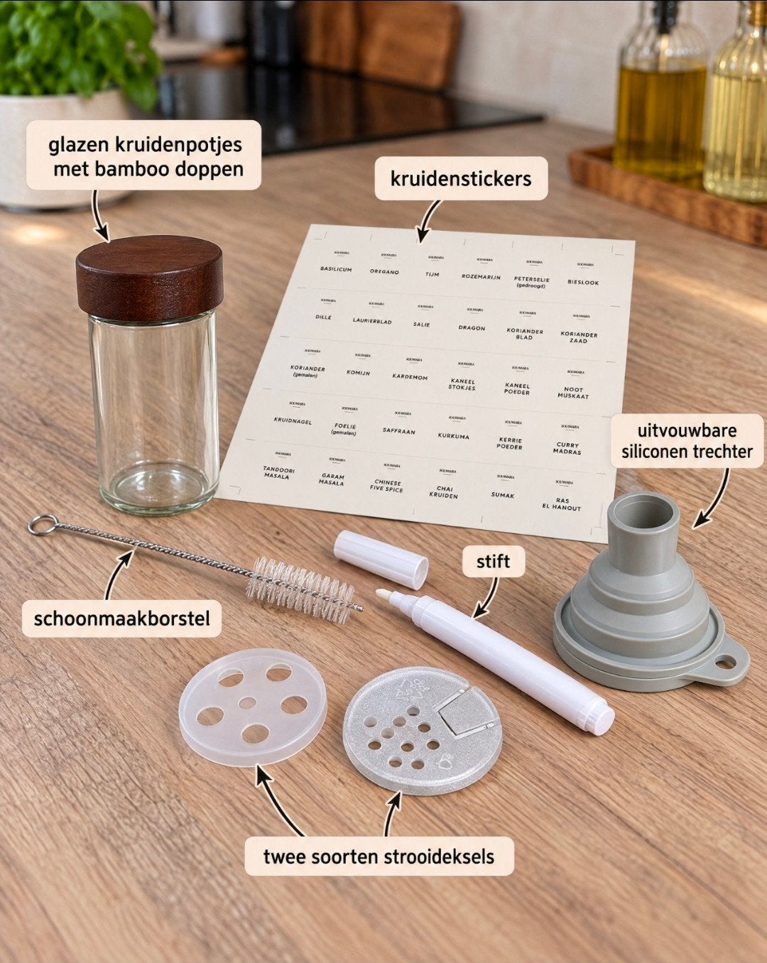 Kruidenpotjes set + stickers, Verzenden, Nieuw, Glas, Overige typen