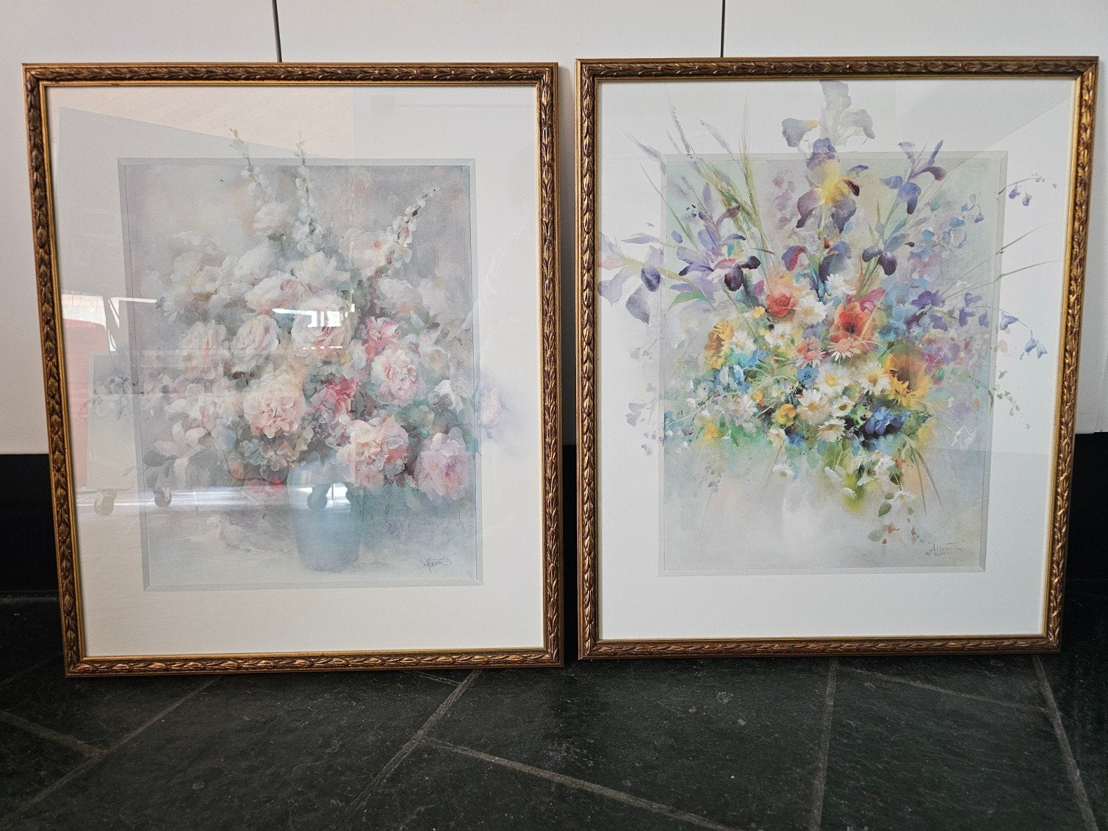 2x Bloemen Aquarel Prenten - Professioneel Ingelijst 'Warie', Ophalen, 50 – 75, 50 tot 75 cm, Print