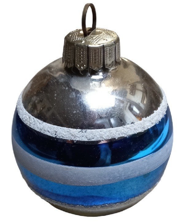 blauw gestreepte vintage kerstbal. in glas., Ophalen, B, Gebruikt, B