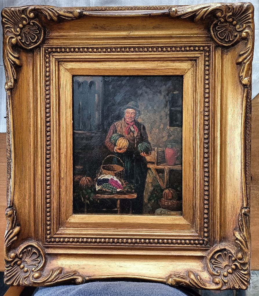 schilderij antiek fruitverkoper - olie op paneel, Antiquités & Art, Art | Peinture | Classique, Cadre spécial, Portrait ou Personnes