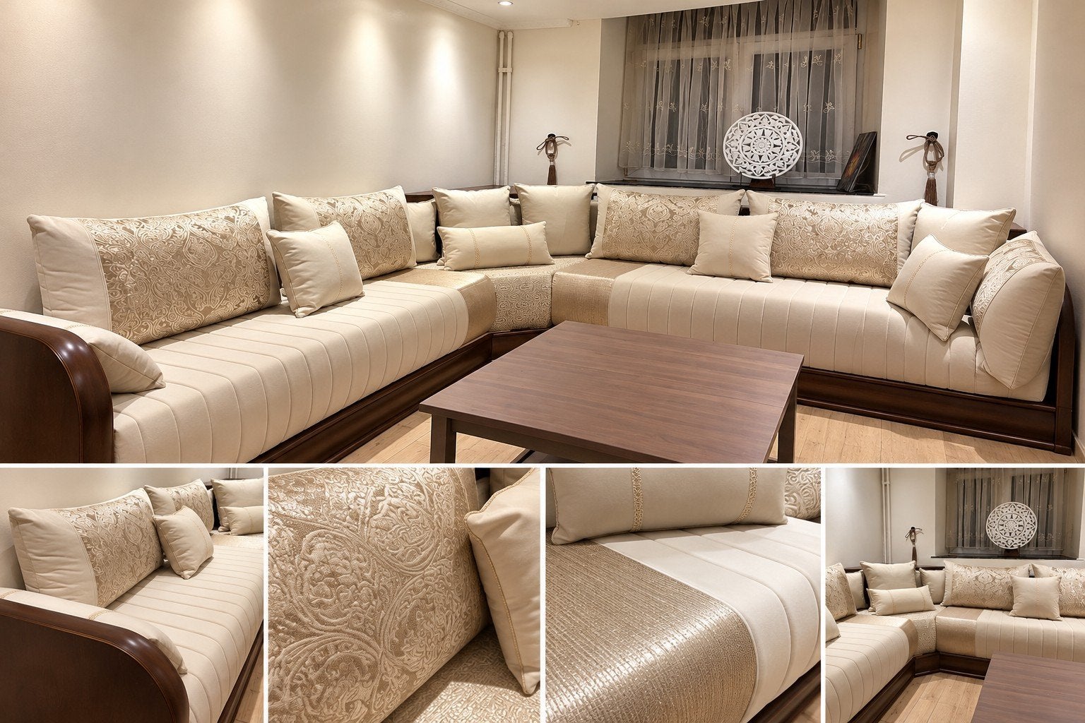 Magnifique salon marocain NEUF - Beige & doré - 2,58 m + 3 m, Huis en Inrichting, Ophalen, Nieuw, Hout, Marocain