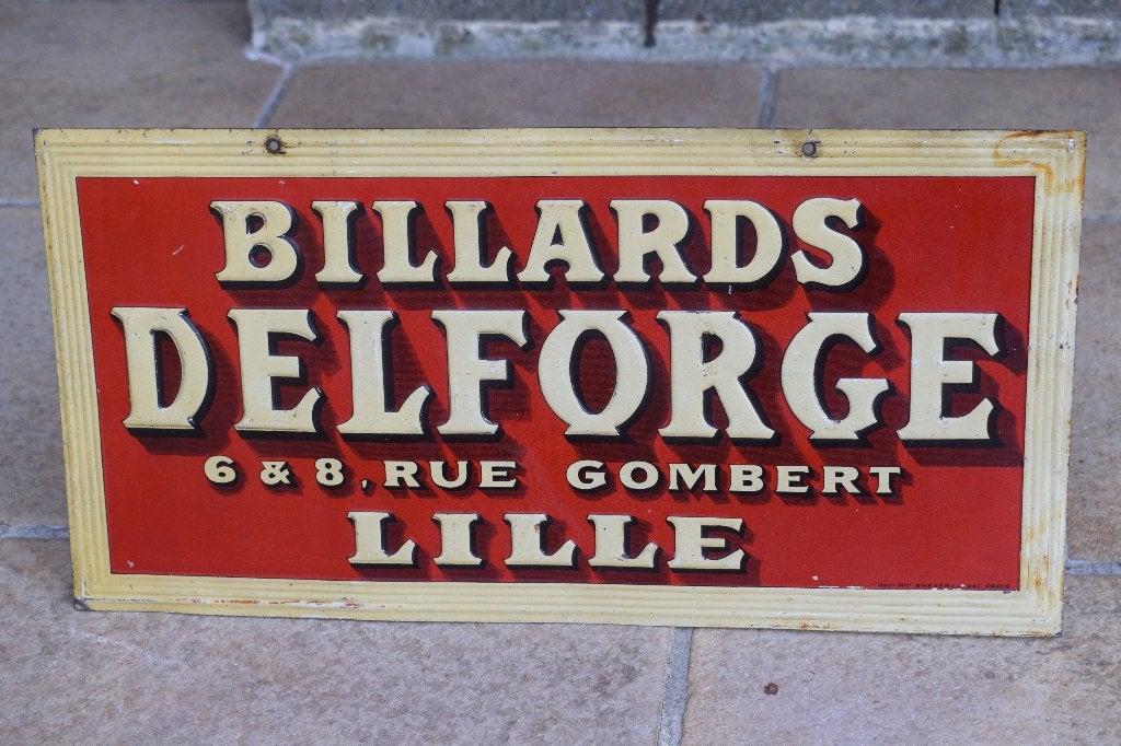 rare plaque publicitaire billards delforge 1910 1920, Enlèvement ou Envoi, Utilisé, Panneau publicitaire